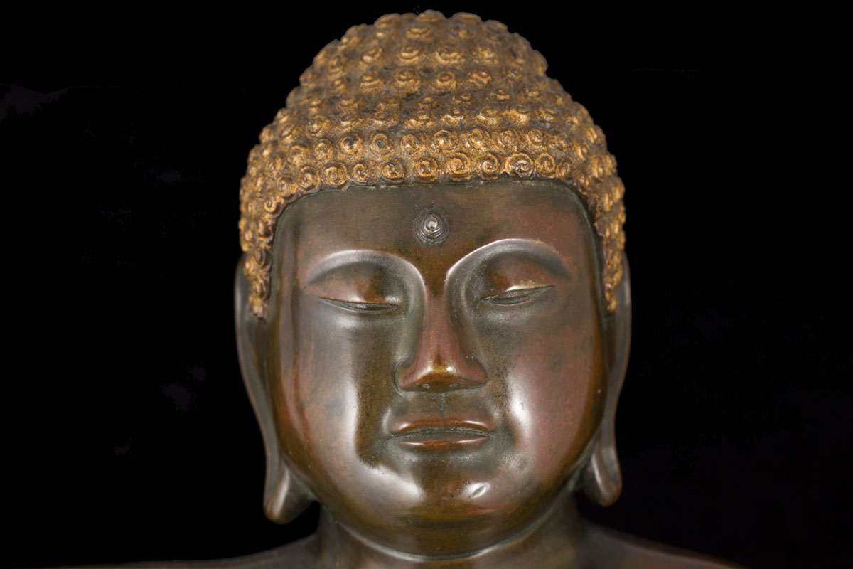 A rare Japanese bronze figure of a standing Buddha on lotus stand,
Edo period