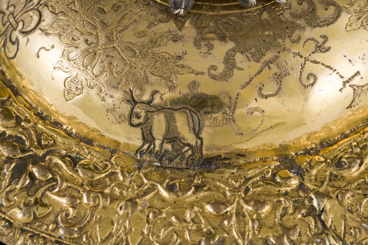 Italian gilt metal, silver and obsidian stem-cup and cover,
with Borgia coat of arms