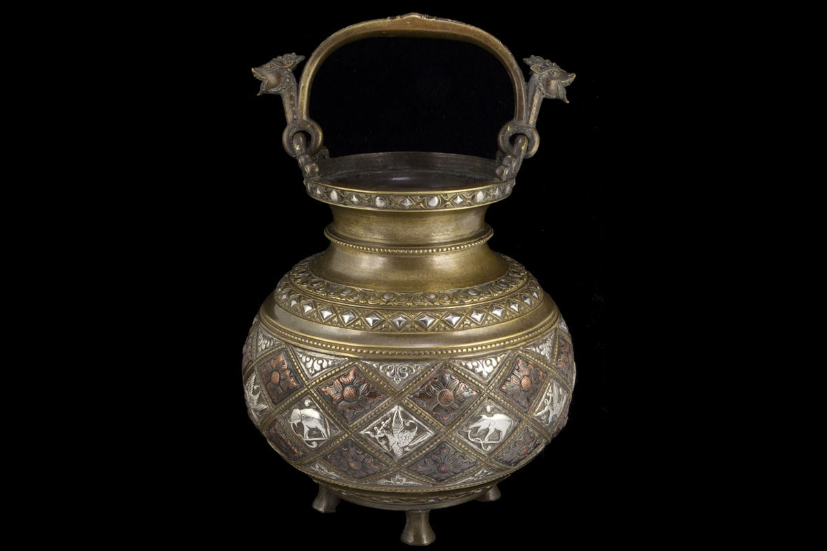 Sri Lankan silver inlaid brass water temple jar